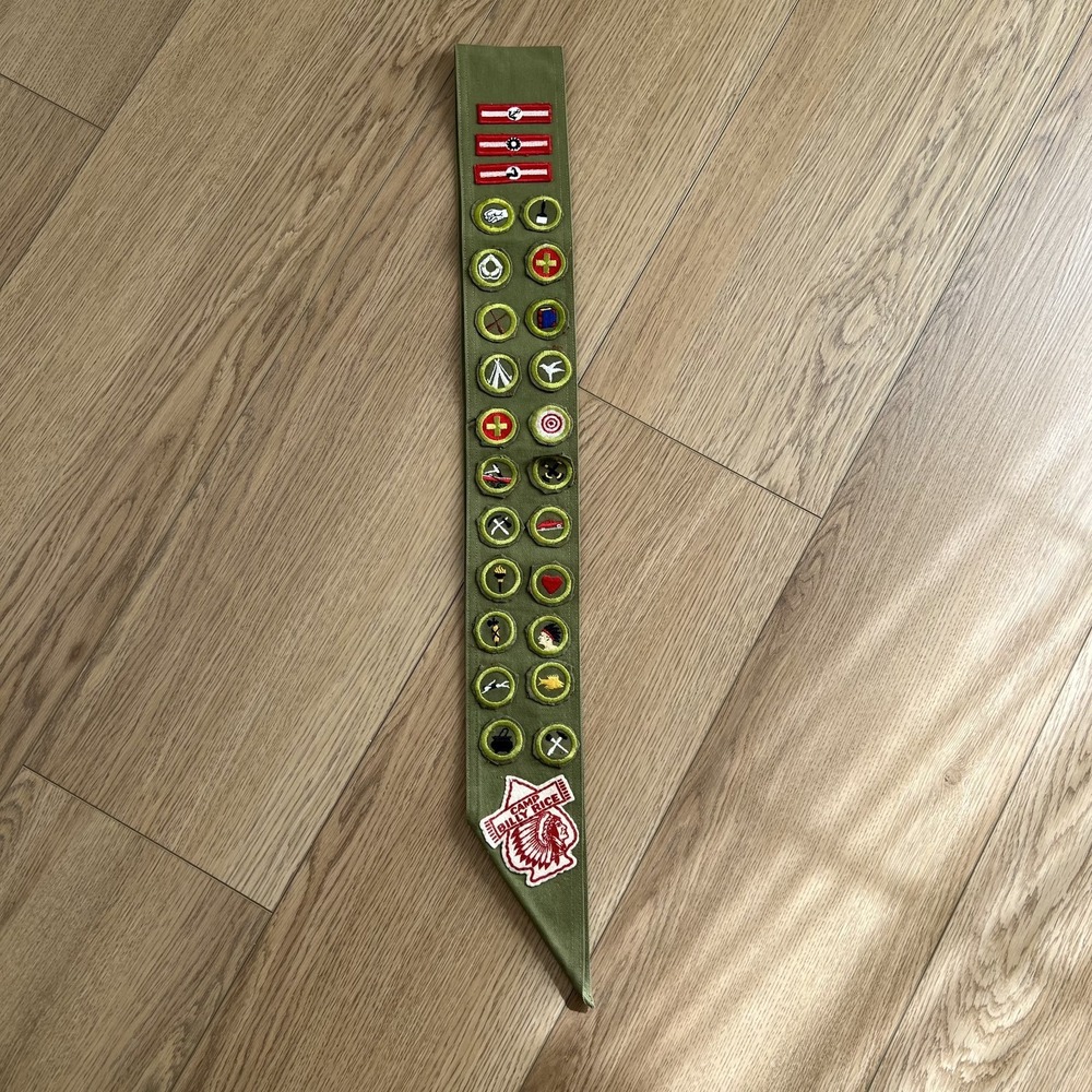 Vintage 1940s BSA Boy Scout Merit Badge Sash 27 Badges Hand Sewn Camp Billy Rice